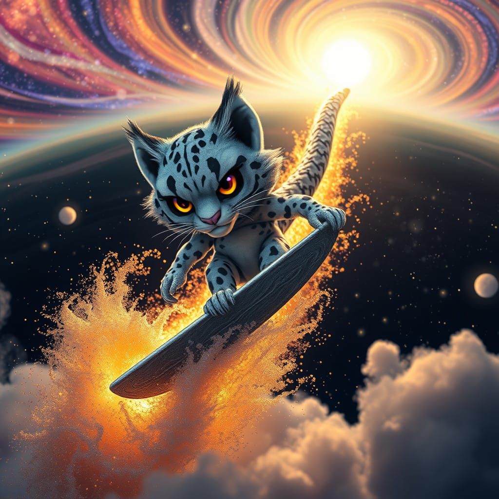 Kawaii Snow Leopard Surfer on Cosmic Comet