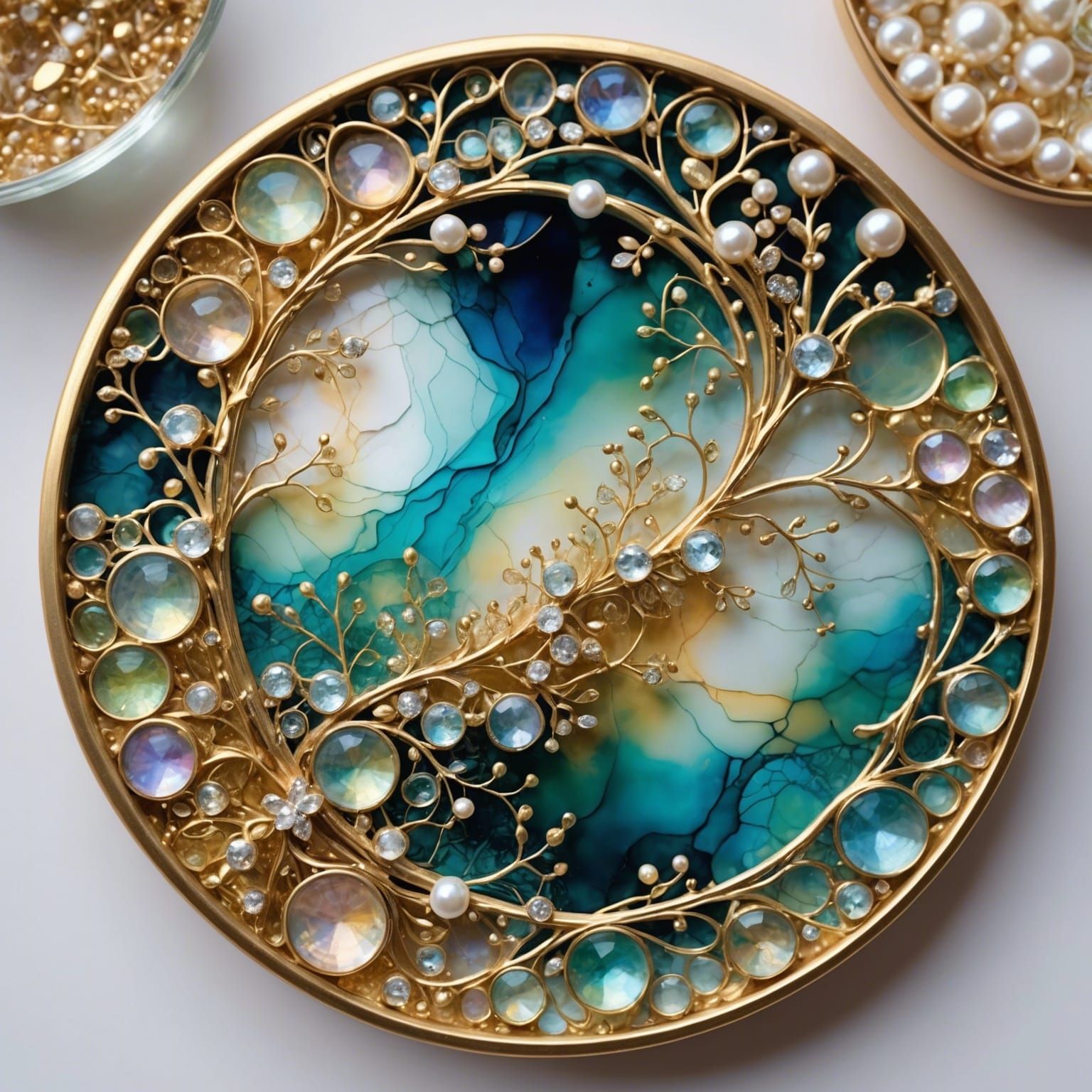 Iridescent Alcohol Ink Glass with Gold and Pearls