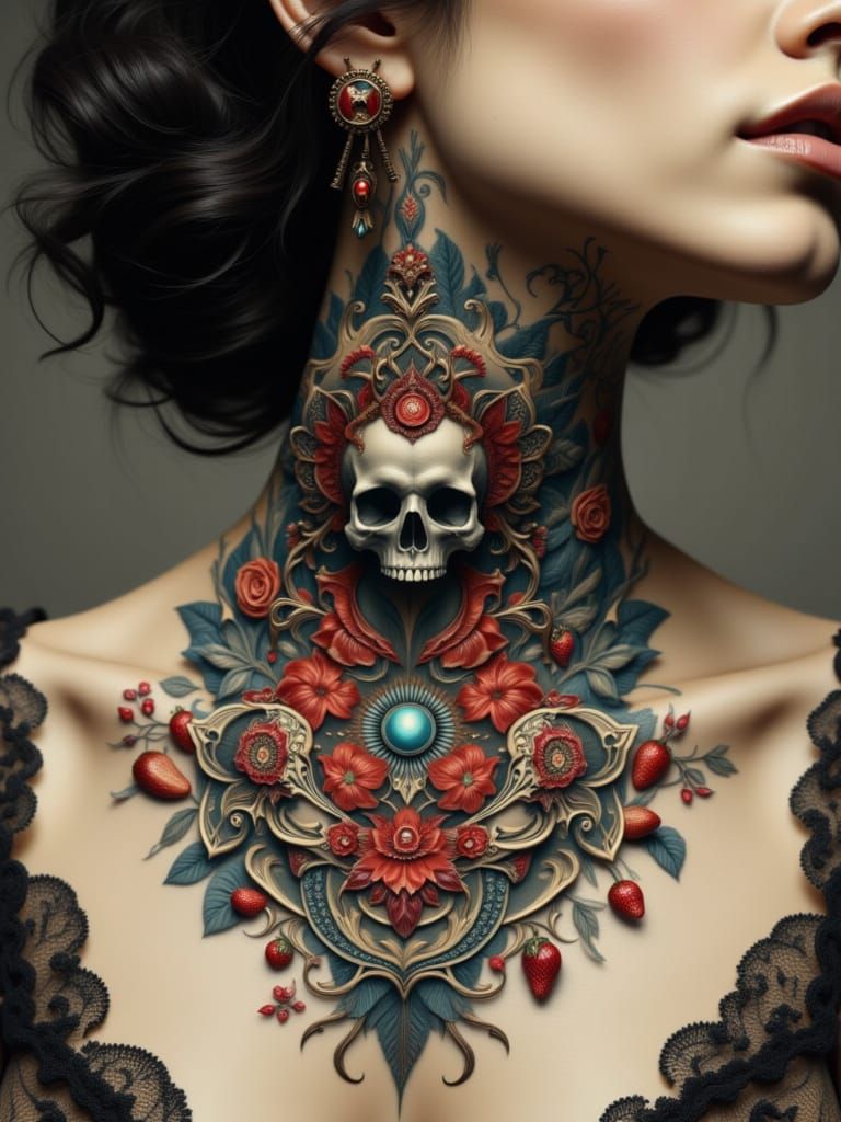 Gothic Floral Tattoo Masterpiece with Skull Accents