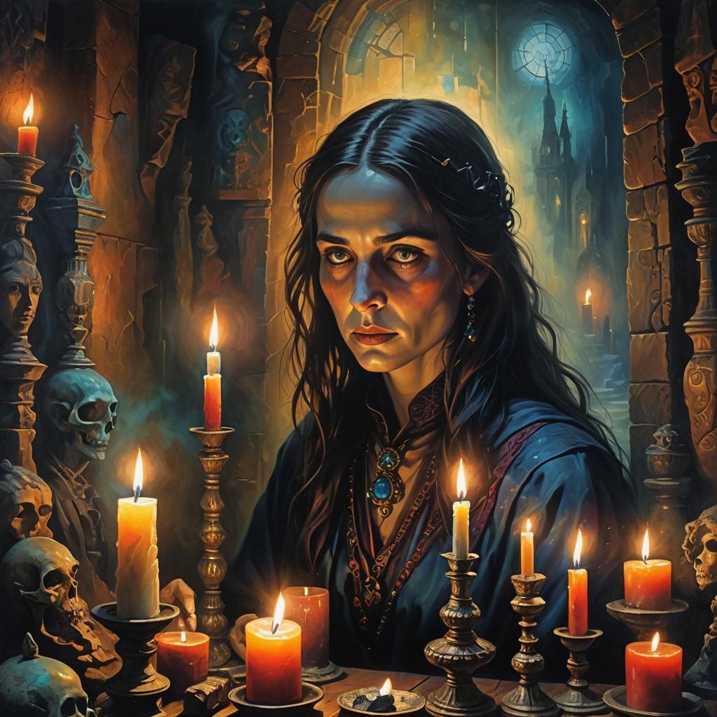 Mysterious Figure Among Ancient Artifacts in Surreal Oil Pai...