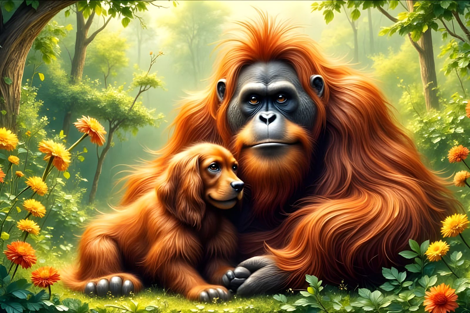Orangutan and Irish Setter in Garden, Beatrix Potter Style