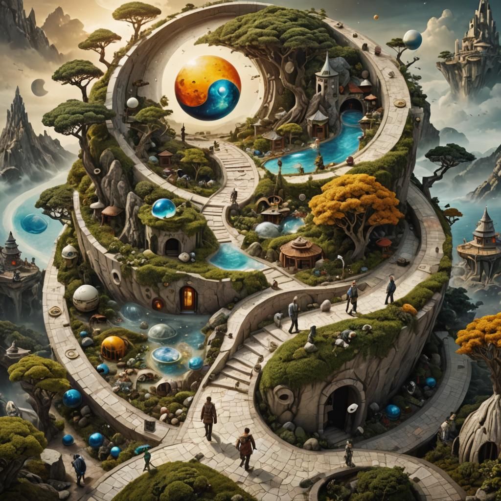 Surreal Yin Yang Landscape in Epic Mosaic Style