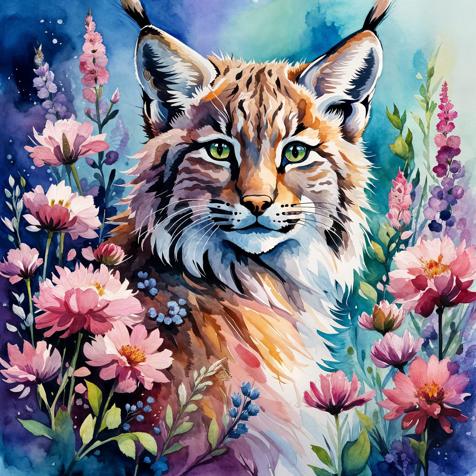 Lynx Cub in Floral Scene, Watercolor Illustration