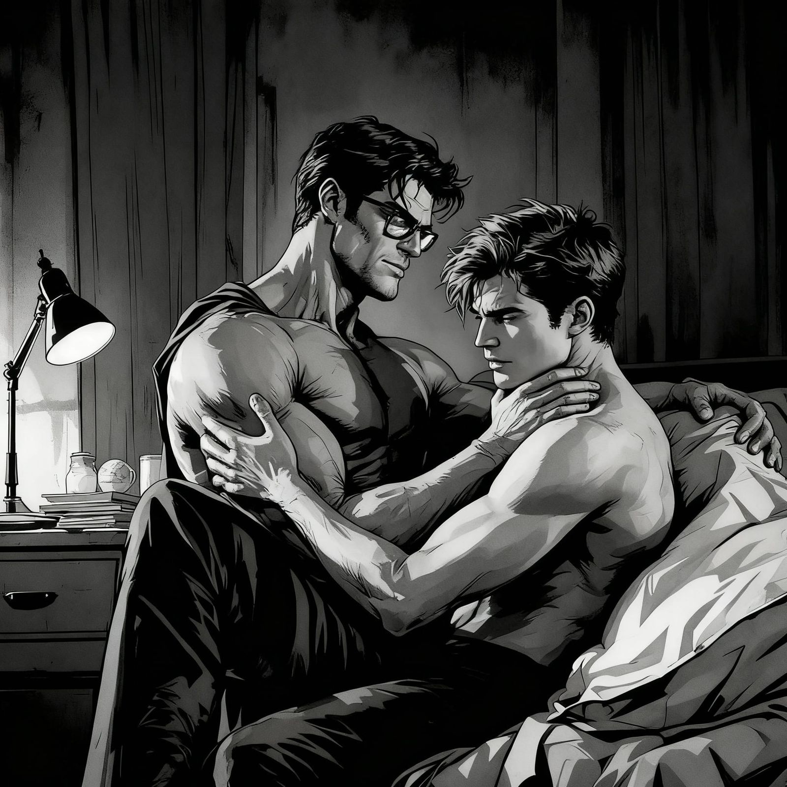 Muscular Clark Kent Embraces Jimmy Olsen in Dorm Room