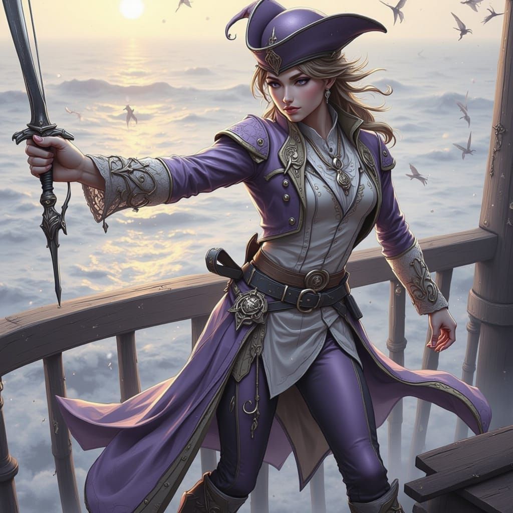 Elegant Gentlewoman Duelist on Misty Pier at Dawn