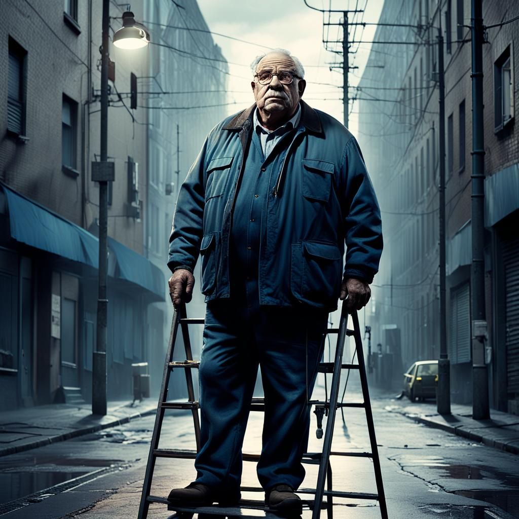 Gritty Urban Electrician on Ladder Film Still