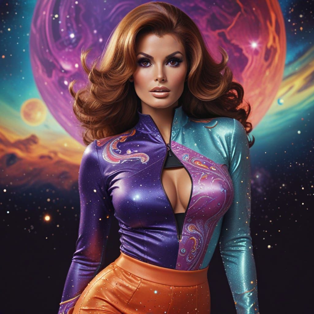 Retro-Futuristic Pinup Goddess Among Celestial Wonders