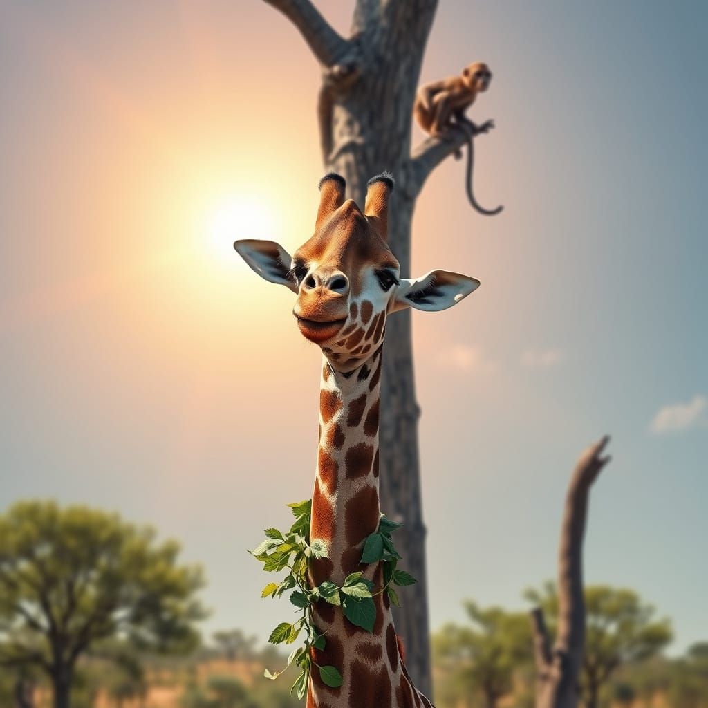 Giraffe and Monkey in Vibrant Safari Scene
