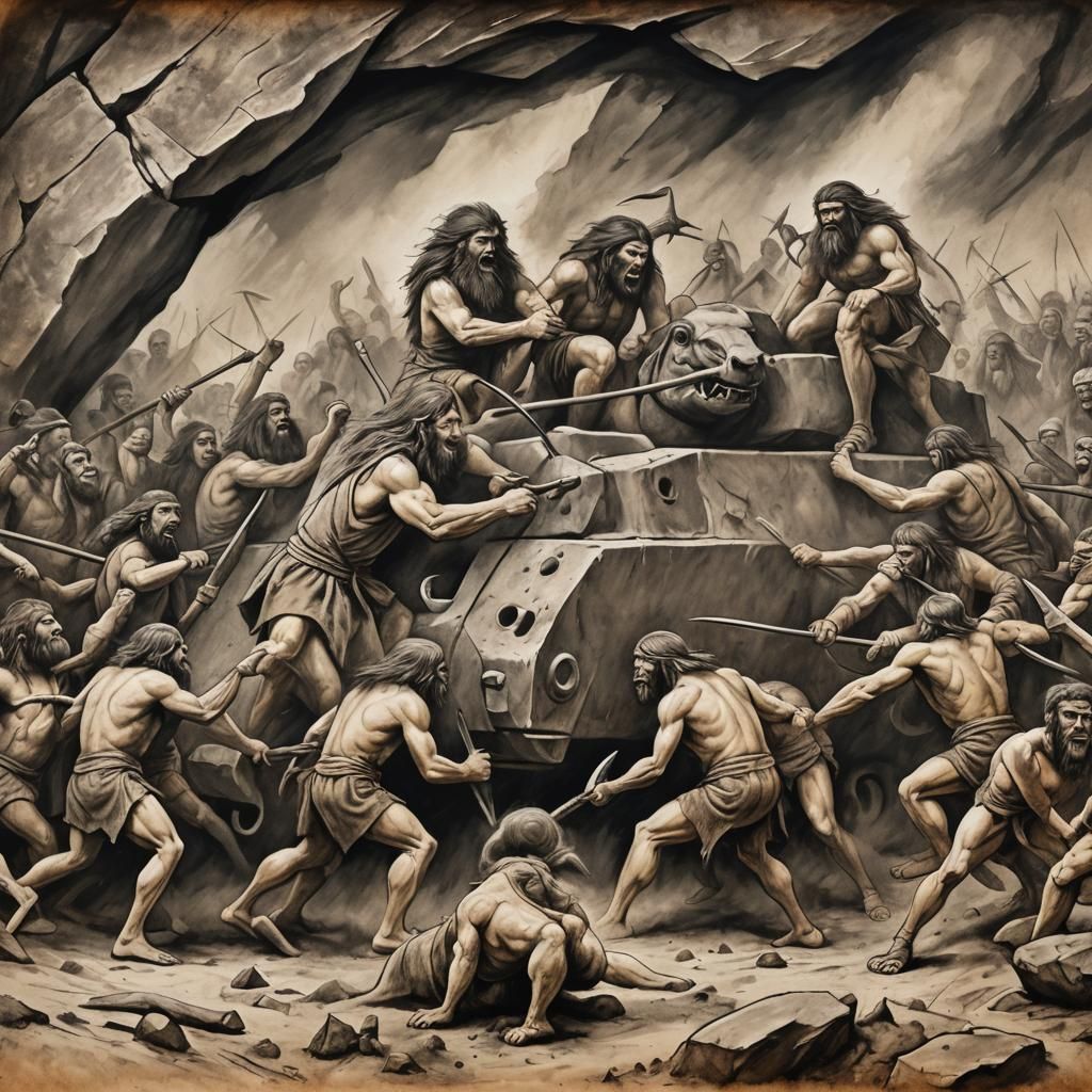 Cavemen Attack Tank in Neolithic Style