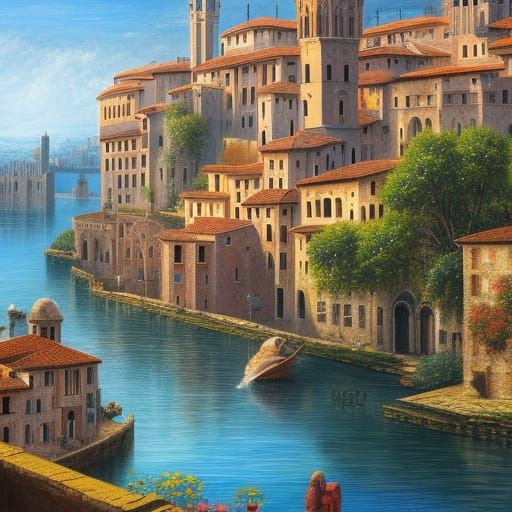 Italian Medieval Cityscape: Oil Painting Masterpiece