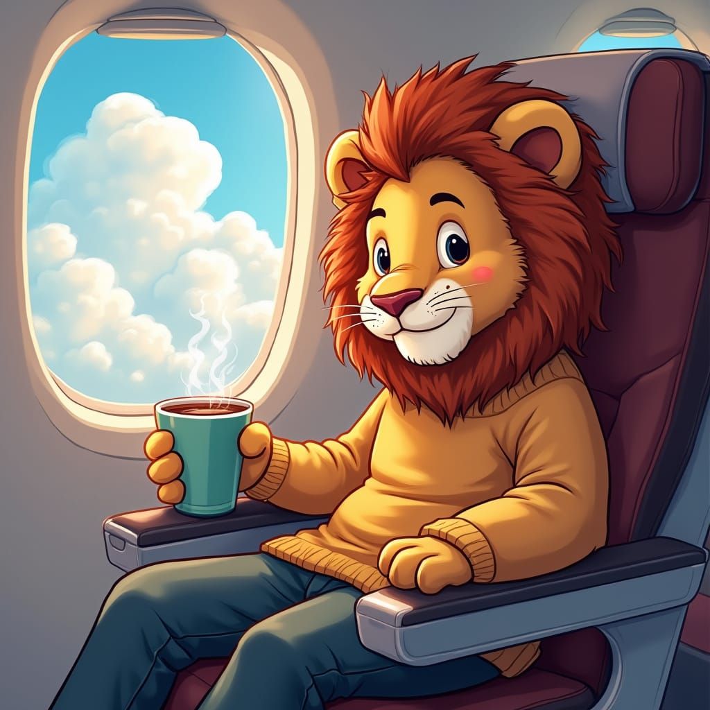 Whimsical Lion Sips Coffee on Airplane Amidst Fluffy Clouds