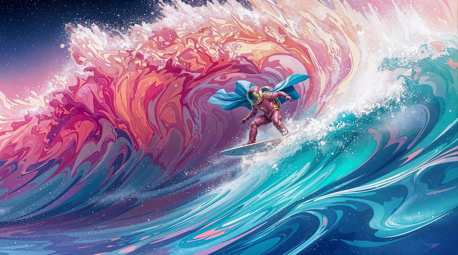 Surreal Astronaut Surfs Cosmic Paint Wave in Starry Night Sk...