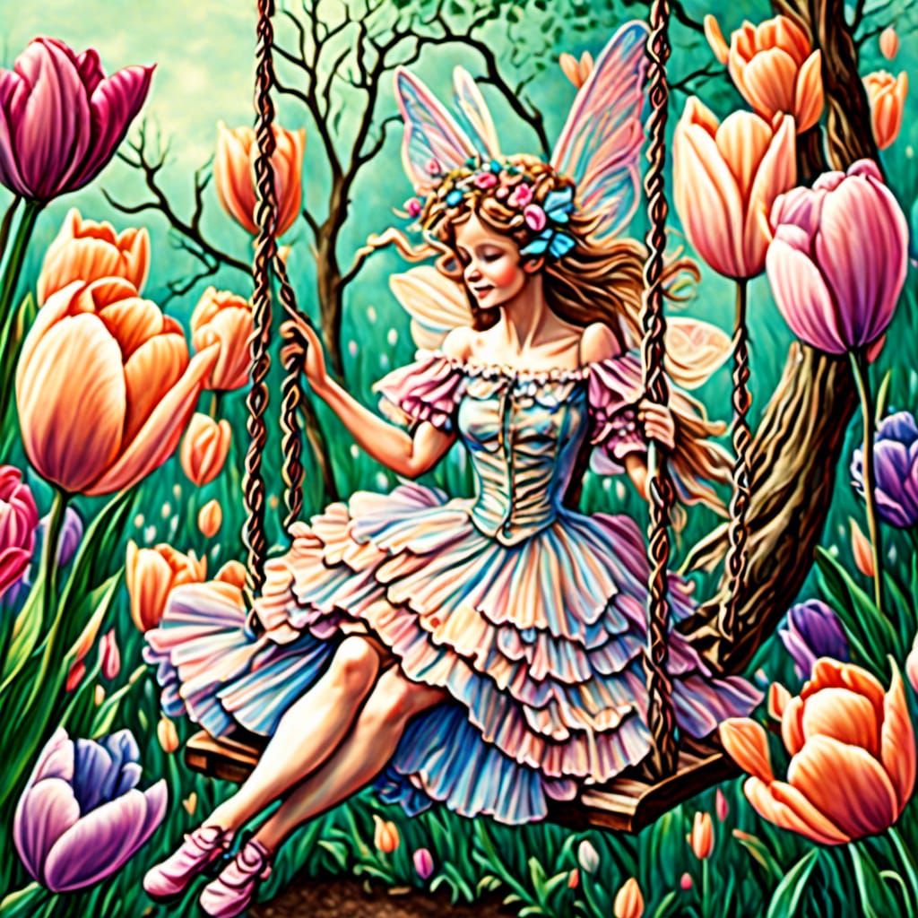 Victorian Fairy on Swing in Tulip Garden