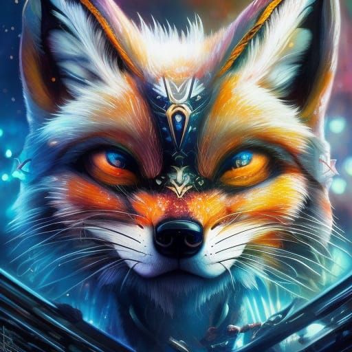 Cyberpunk Chibi Fox Portrait in Detailed Gouache Style