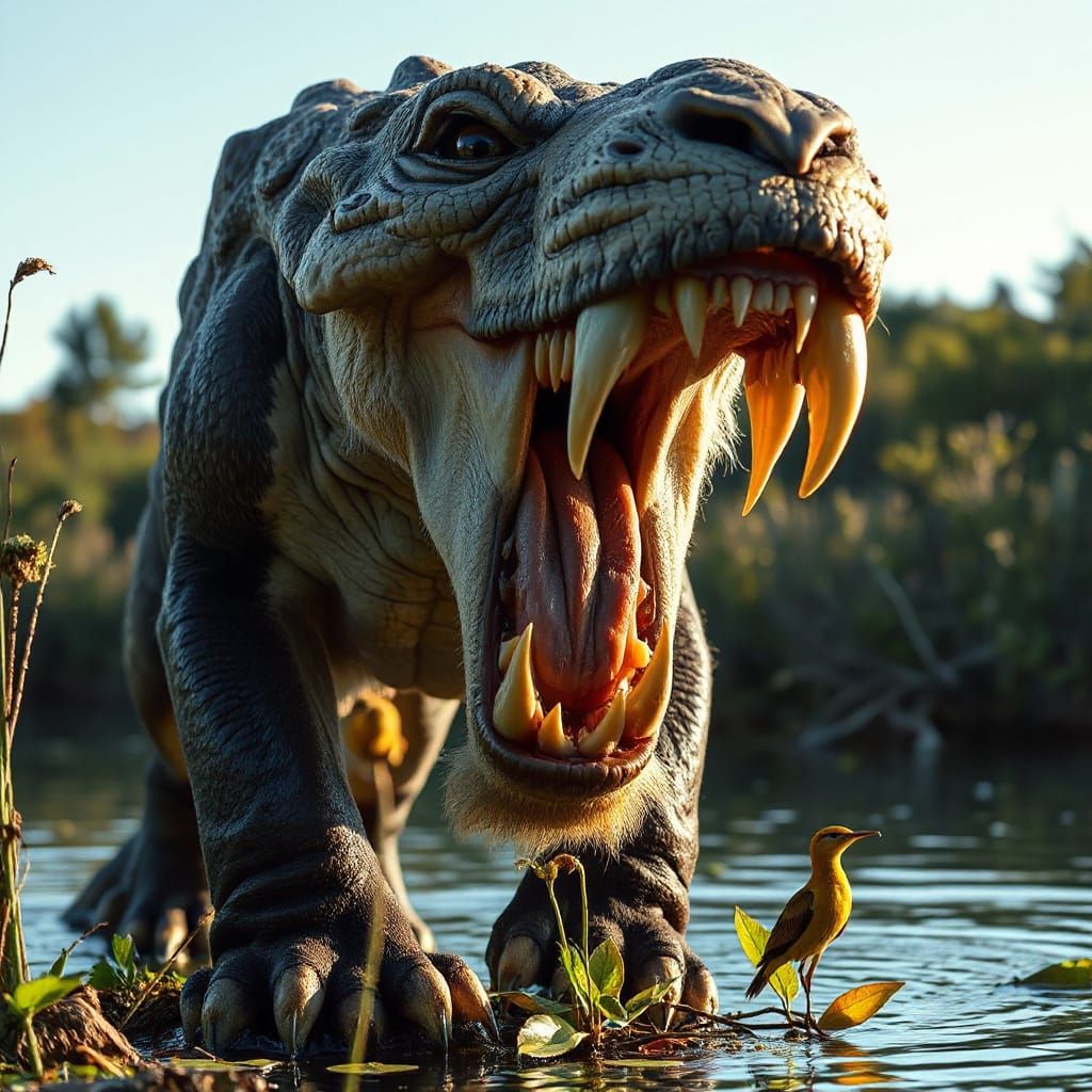 Majestic Smilodon at Pond's Edge in Hyperrealistic Style