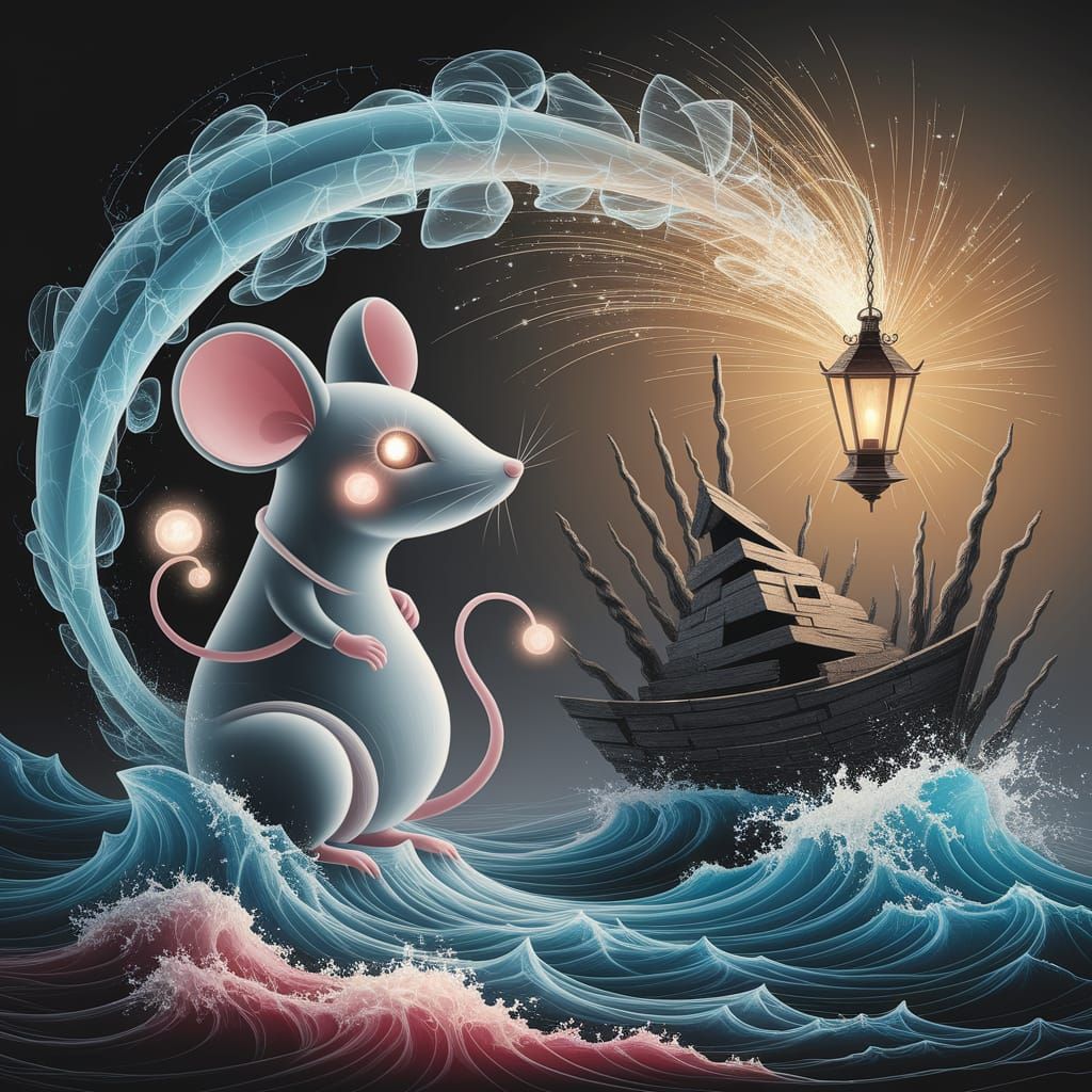 Abstract Mouse in Stormy Sea with Radiant Lantern