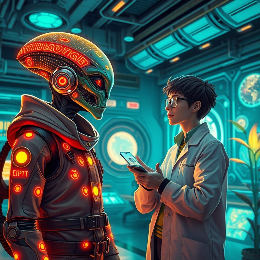 Alien Scientist Meets Human in Futuristic Lab