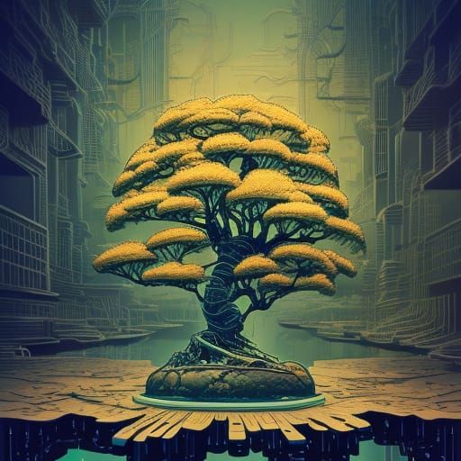 Clockpunk Crystal Bonsai Village: Hyperrealistic Sci-Fi Art