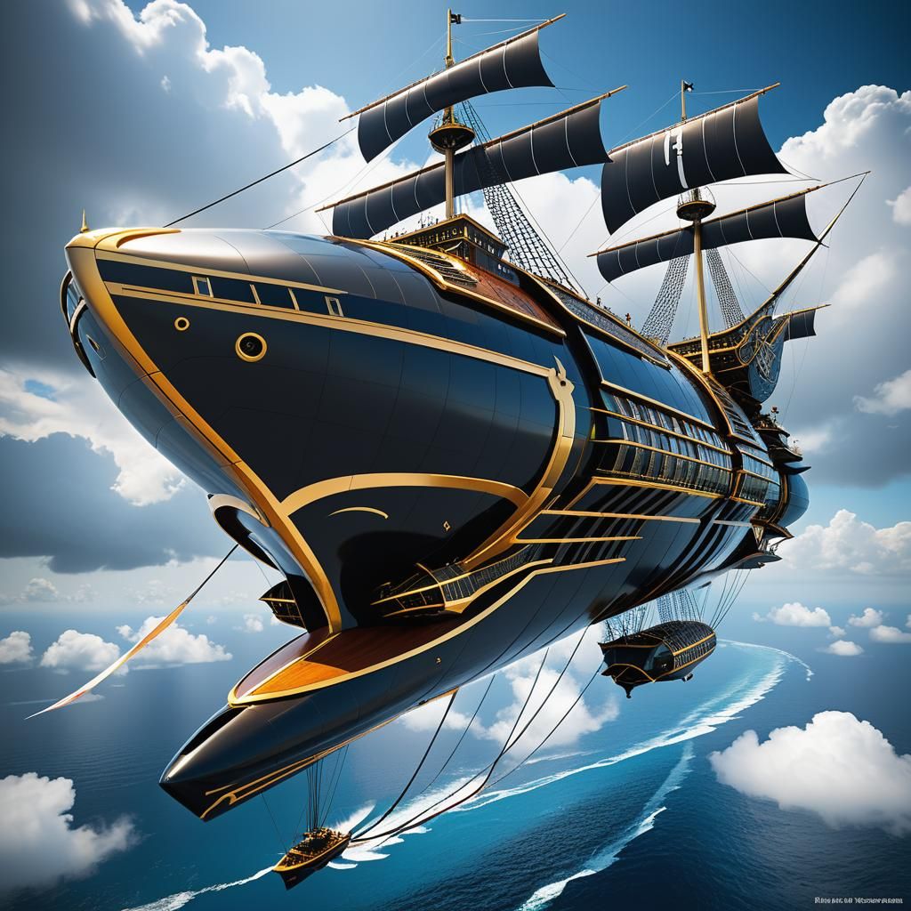 Futuristic Flying Pirate Ship in 3D Anime Style