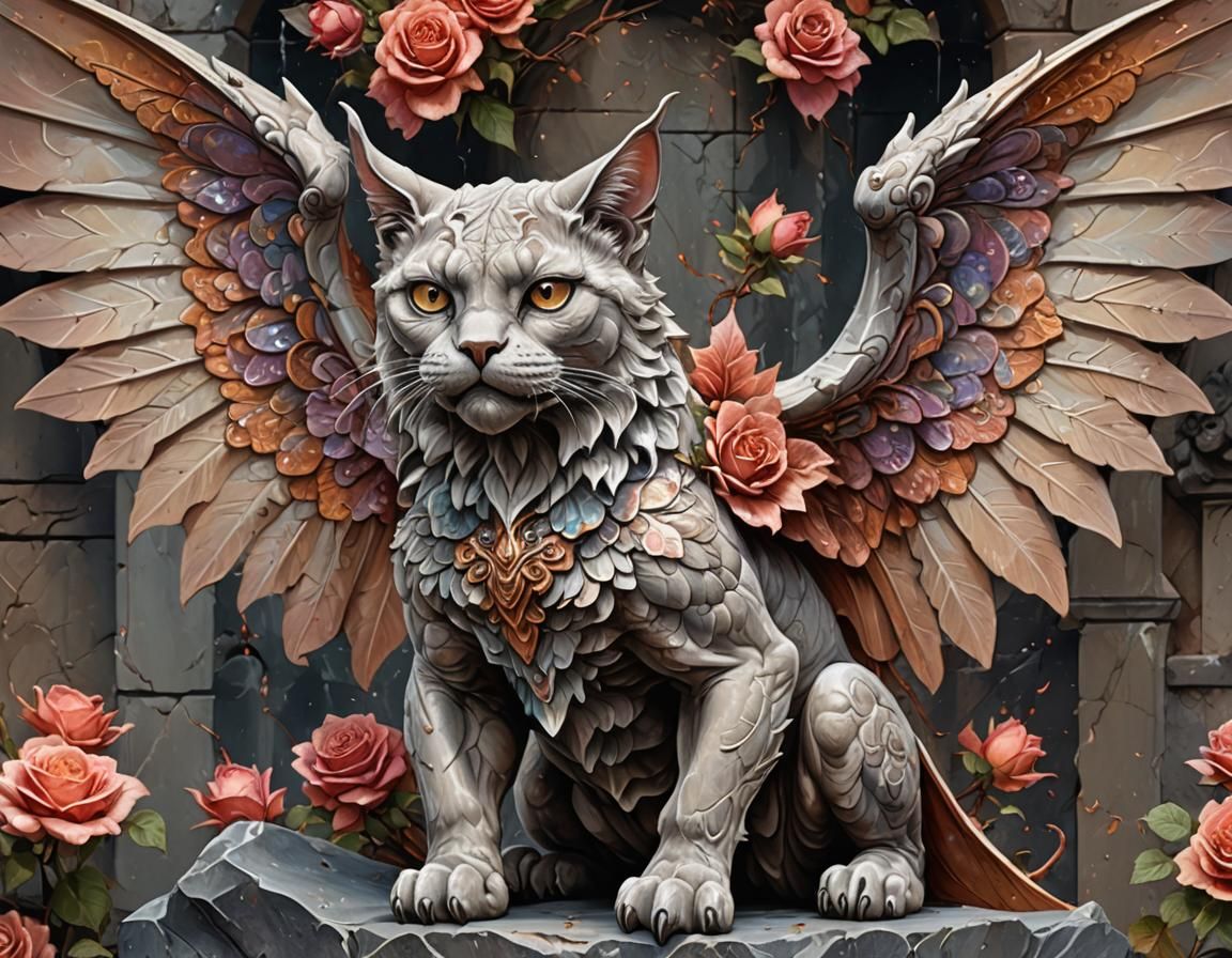 Stone Gargoyle Cat with Roses, Detailed Fantasy Art