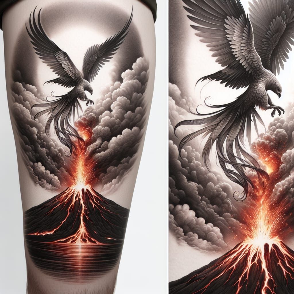 Phoenix Tattoo Design Rising From Volcano in Black and Grey