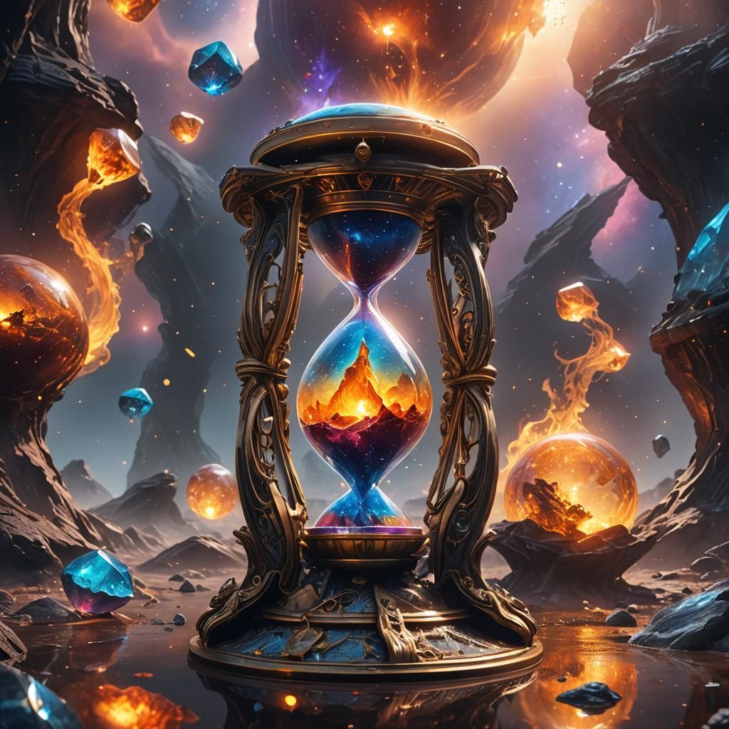 Ethereal Alien Hourglass with Galaxies and Fire