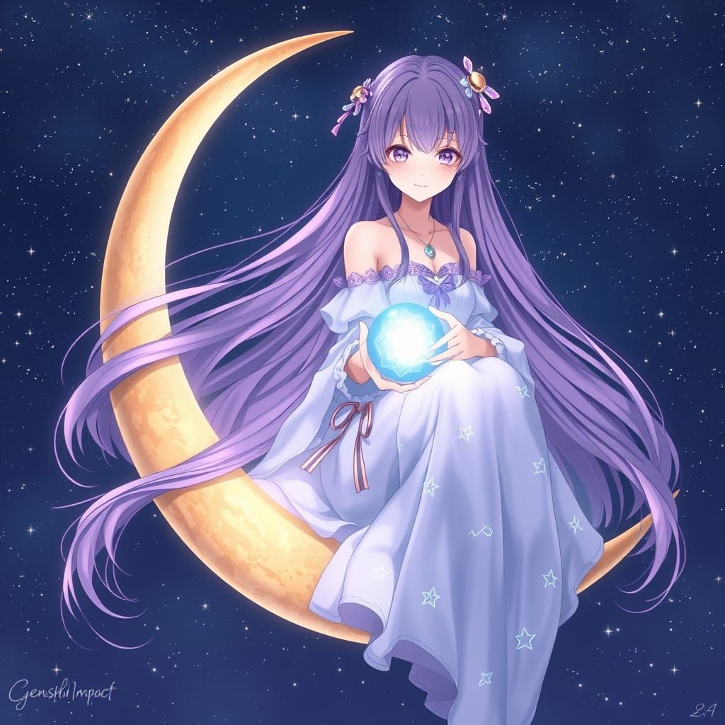 Anime Girl on Moon in Starlit Sky