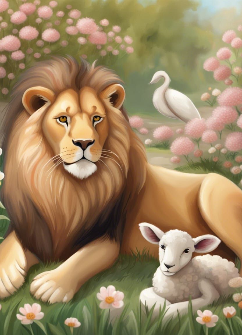 Lion and Lamb in Spring Garden of Peace