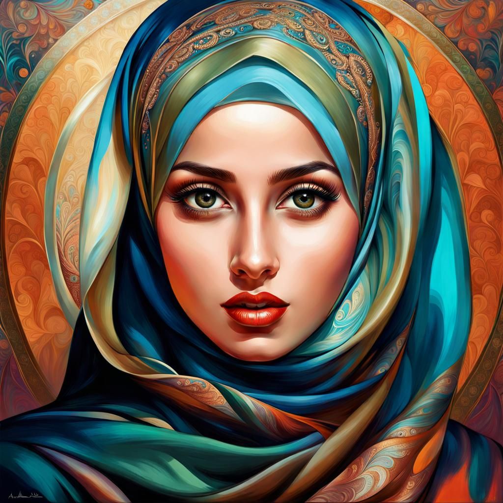Confident Hijabi Woman in Retro Art Nouveau Style