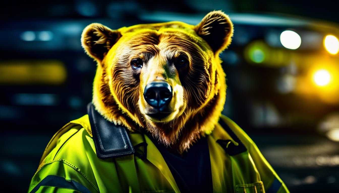 Bear Tow-Truck Driver in Dark, Hyperrealistic Portrait