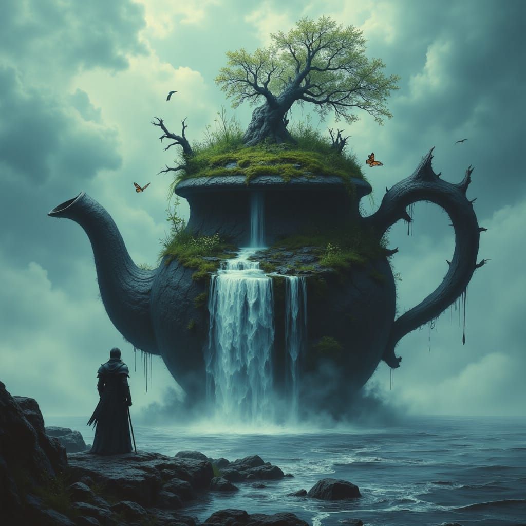 Knight Gazes at Colossal Teapot Island in Misty Sea