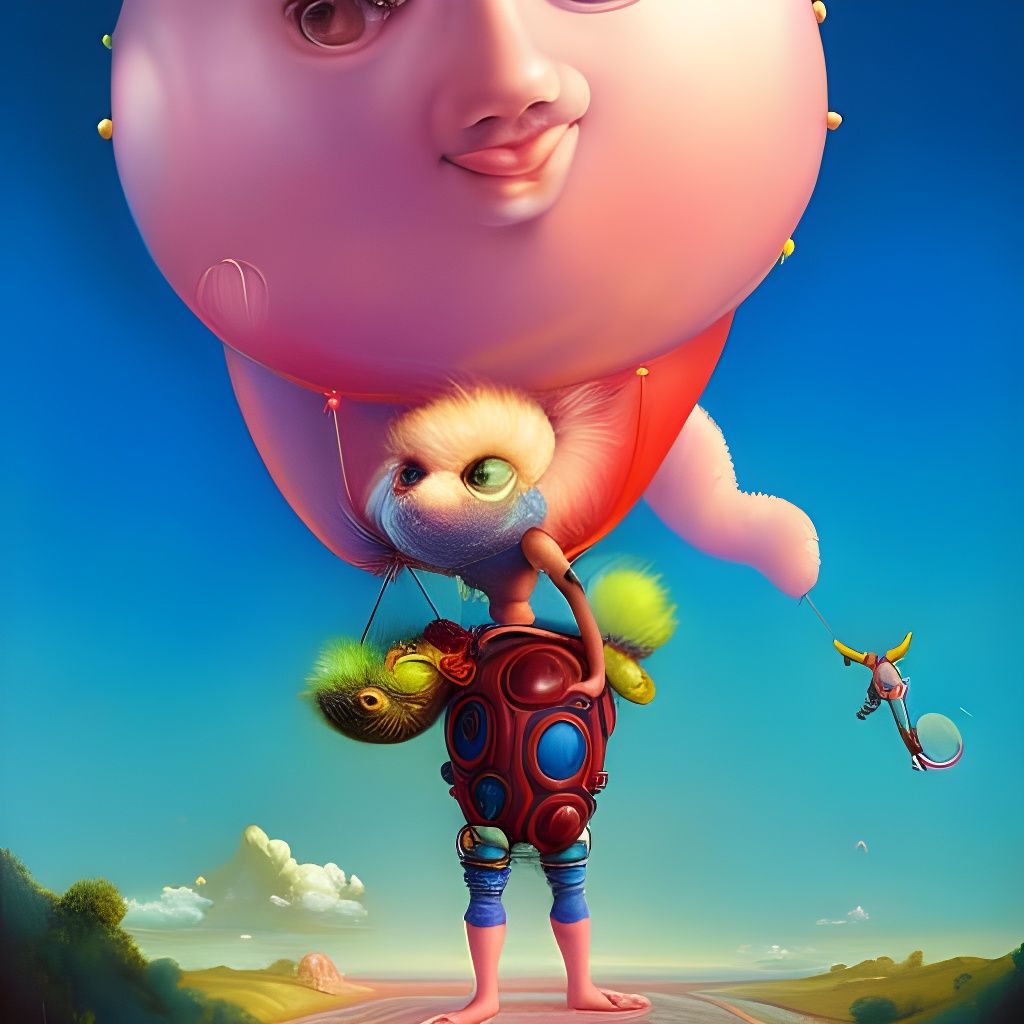 Friendly Monster with Balloons: Oil Painting