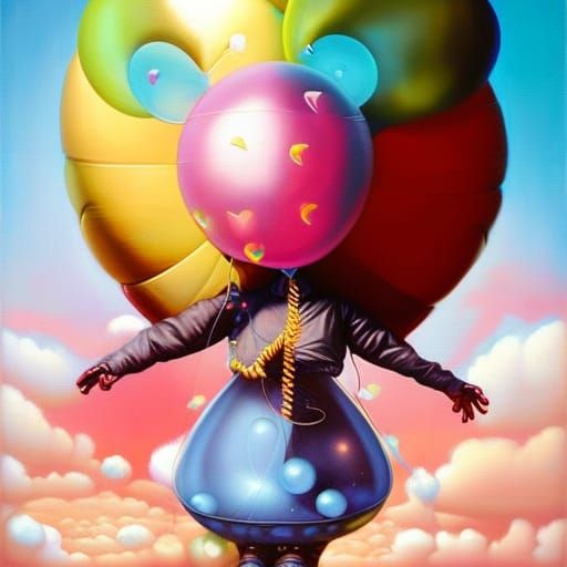 Friendly Plush Monster with Balloons, Oil Painting