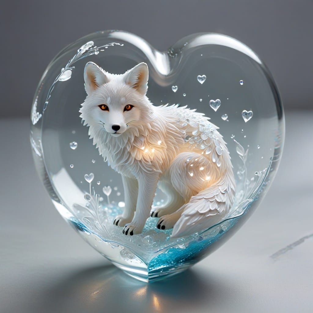 Glowing Glass Heart with White Fox