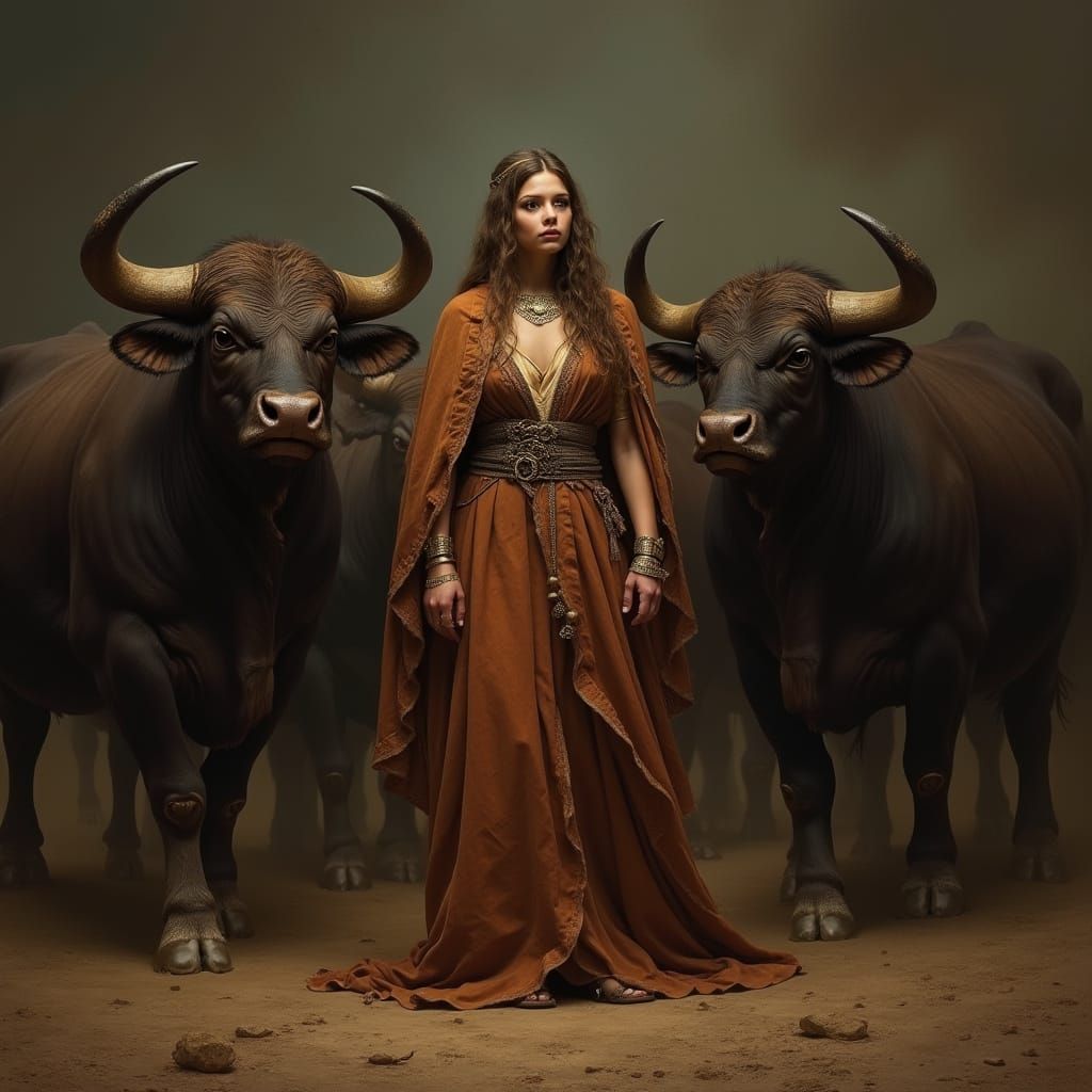Woman Surrounded by Bulls of Bashan in Baroque Style