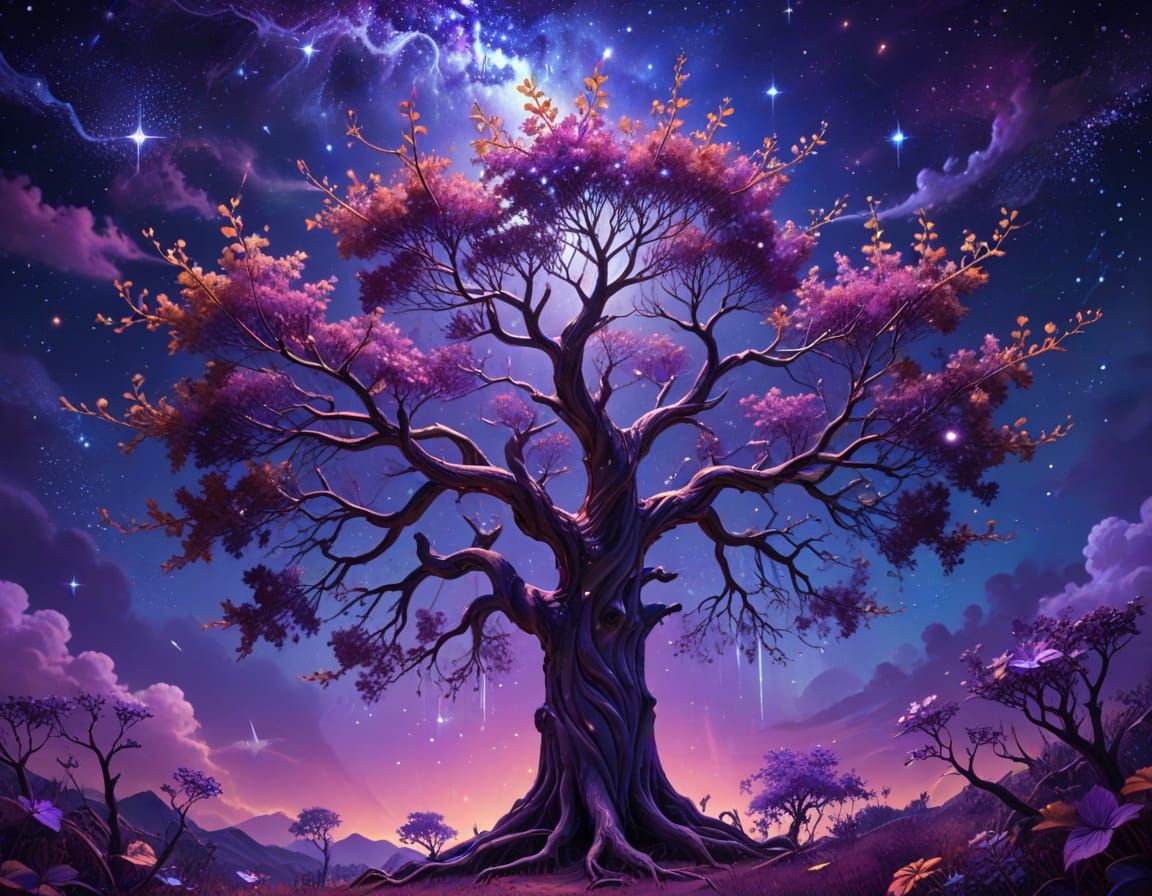 Surreal Astral Tree with Neon Leaves in Dreamlike Style