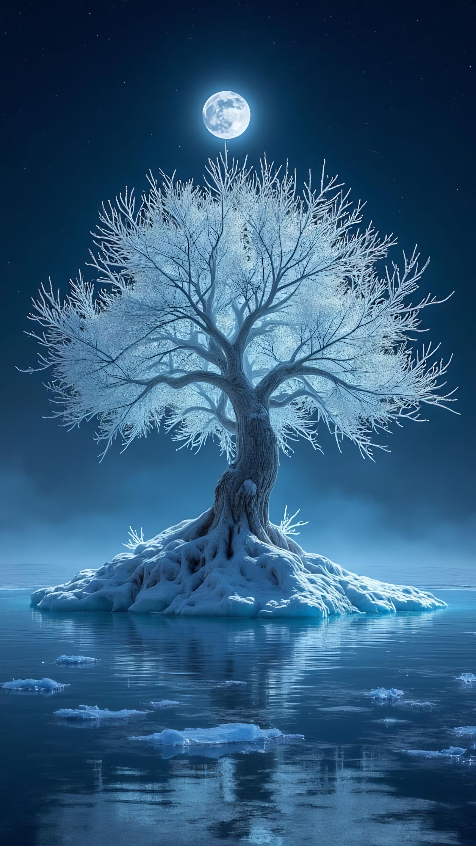 Lone Frozen Tree on Island with Aurora Ice