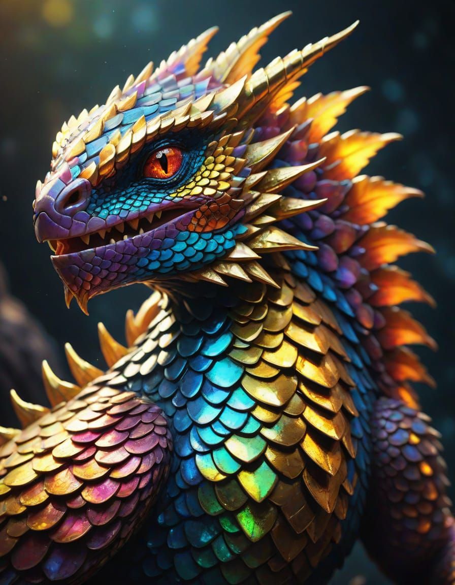 Scaly Creature with Glowing Gemstones: Digital Art