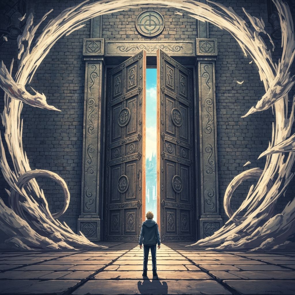 Anime Hero at Ancient Portal to Fantasy Realm