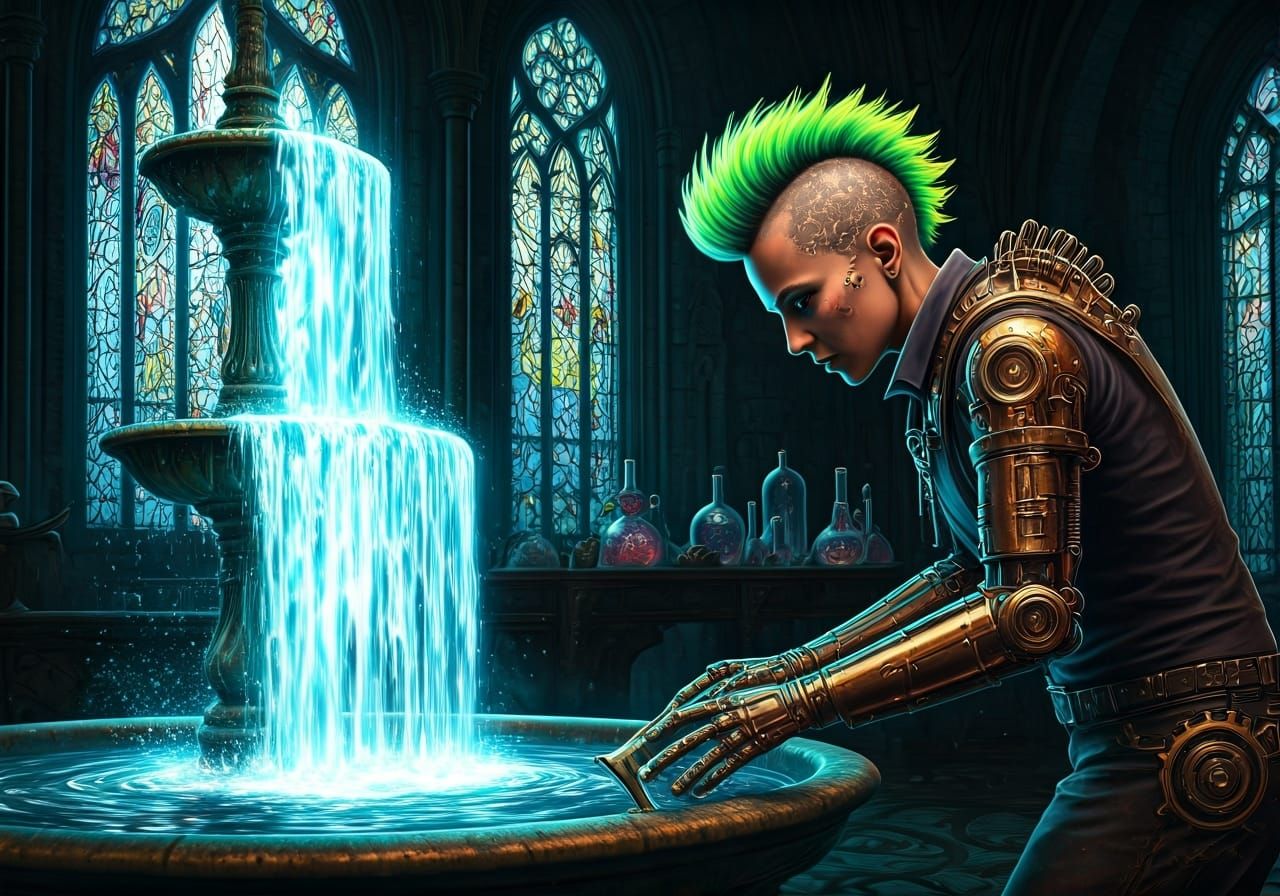 Dieselpunk Alchemist at Gothic Fountain with Starlight