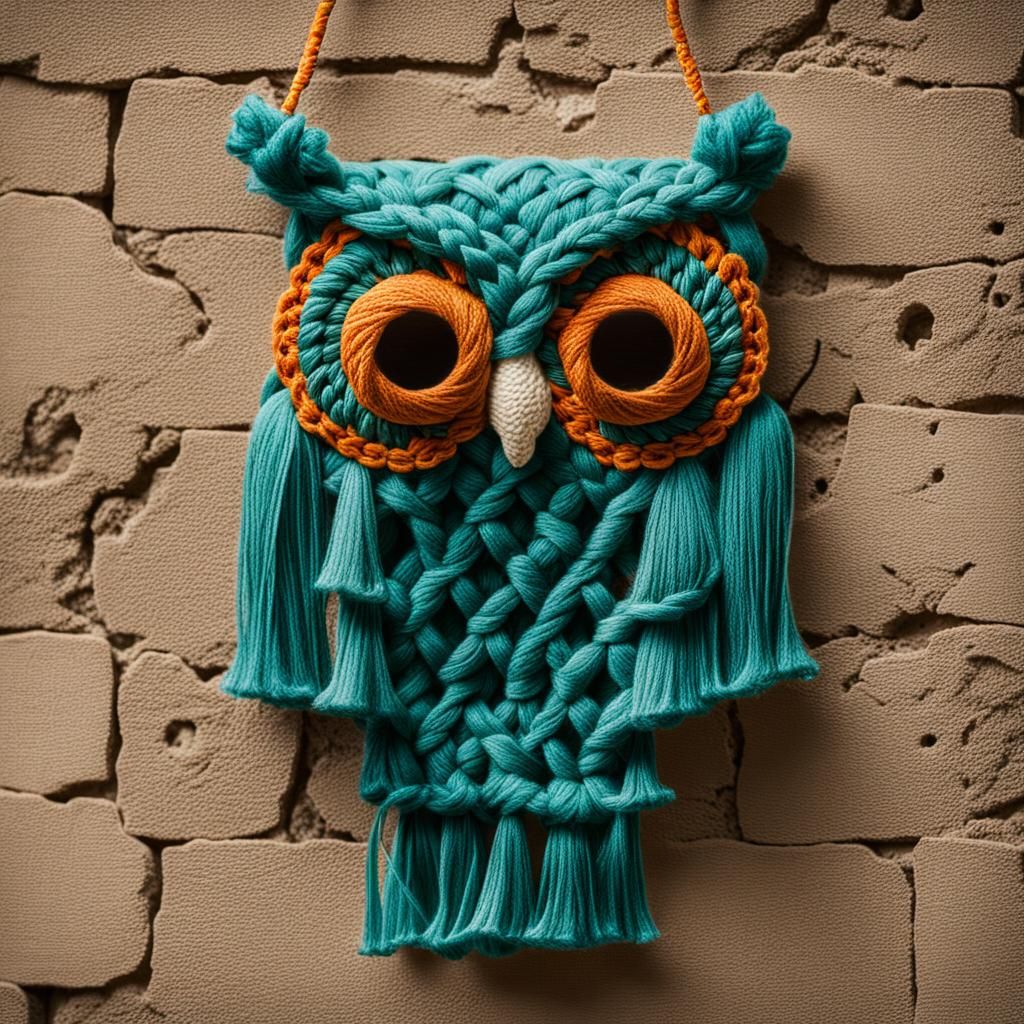 Child-Made Macrame Owl Wall Hanging, 1973
