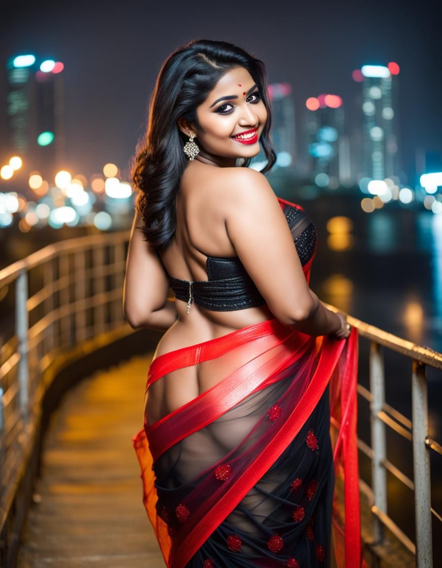 Woman in Saree in Neon City at Night