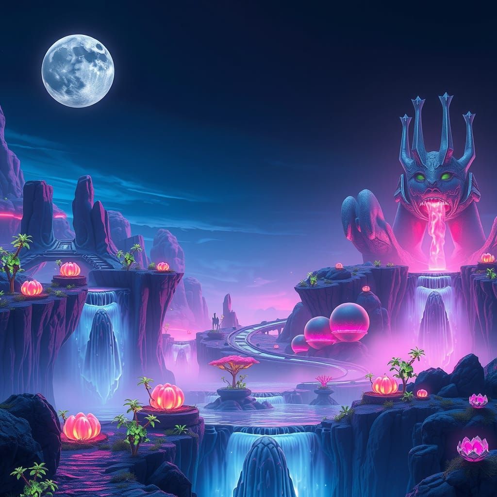 Alien Planet with Bioluminescent Flora and Floating Islands