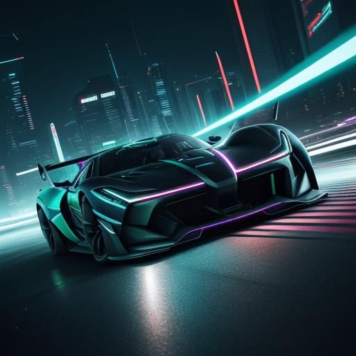 Futuristic Chameleon Supercar in Cyberpunk Cityscape