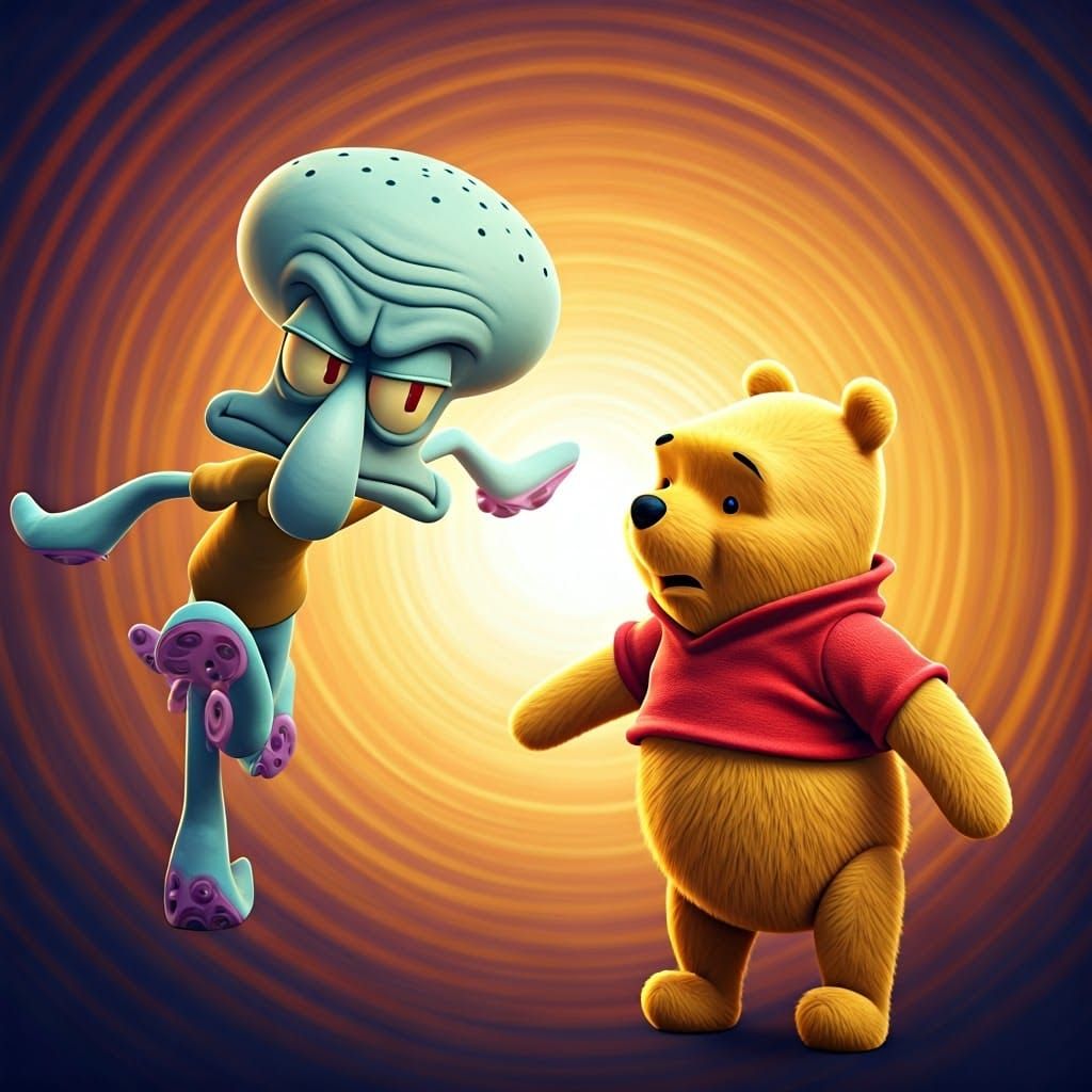 Squidward Attacks Pooh Bear in 3D Animated Style