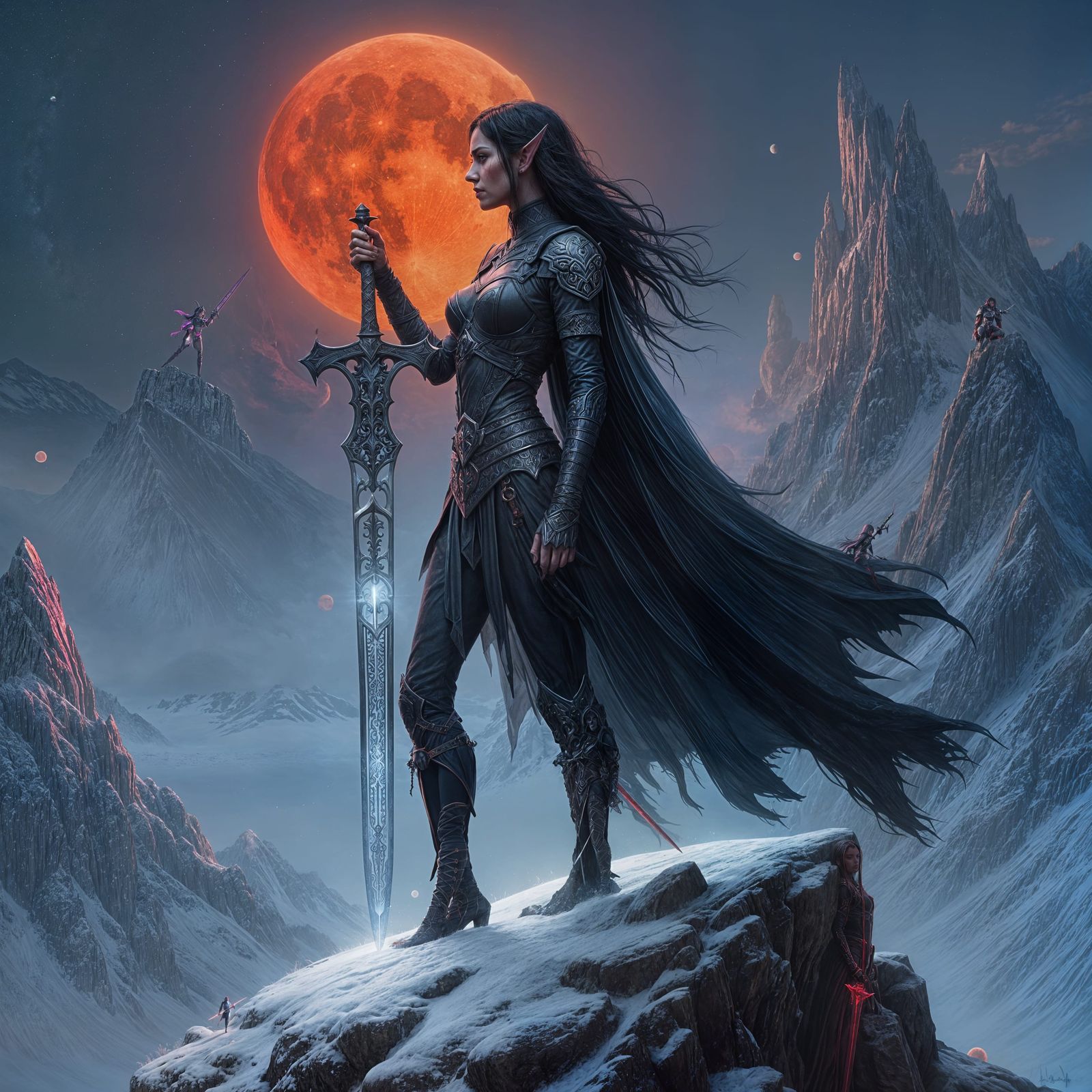 Dark Elf Warrior Stands Vigilant Under Blood Moon