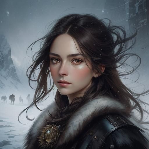 Woman and Wolf in Winter Alps: Vintage Oil Painting