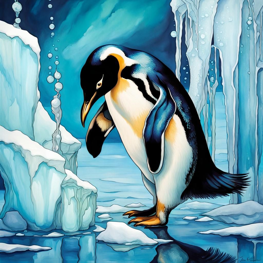 Penguin on Ice: Alcohol Ink Illustration