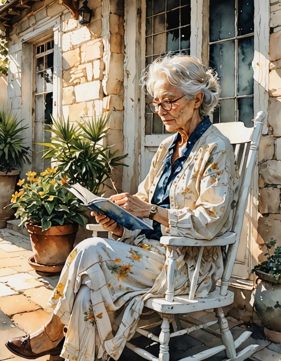 Peaceful Woman Reading on Terrace in Watercolor