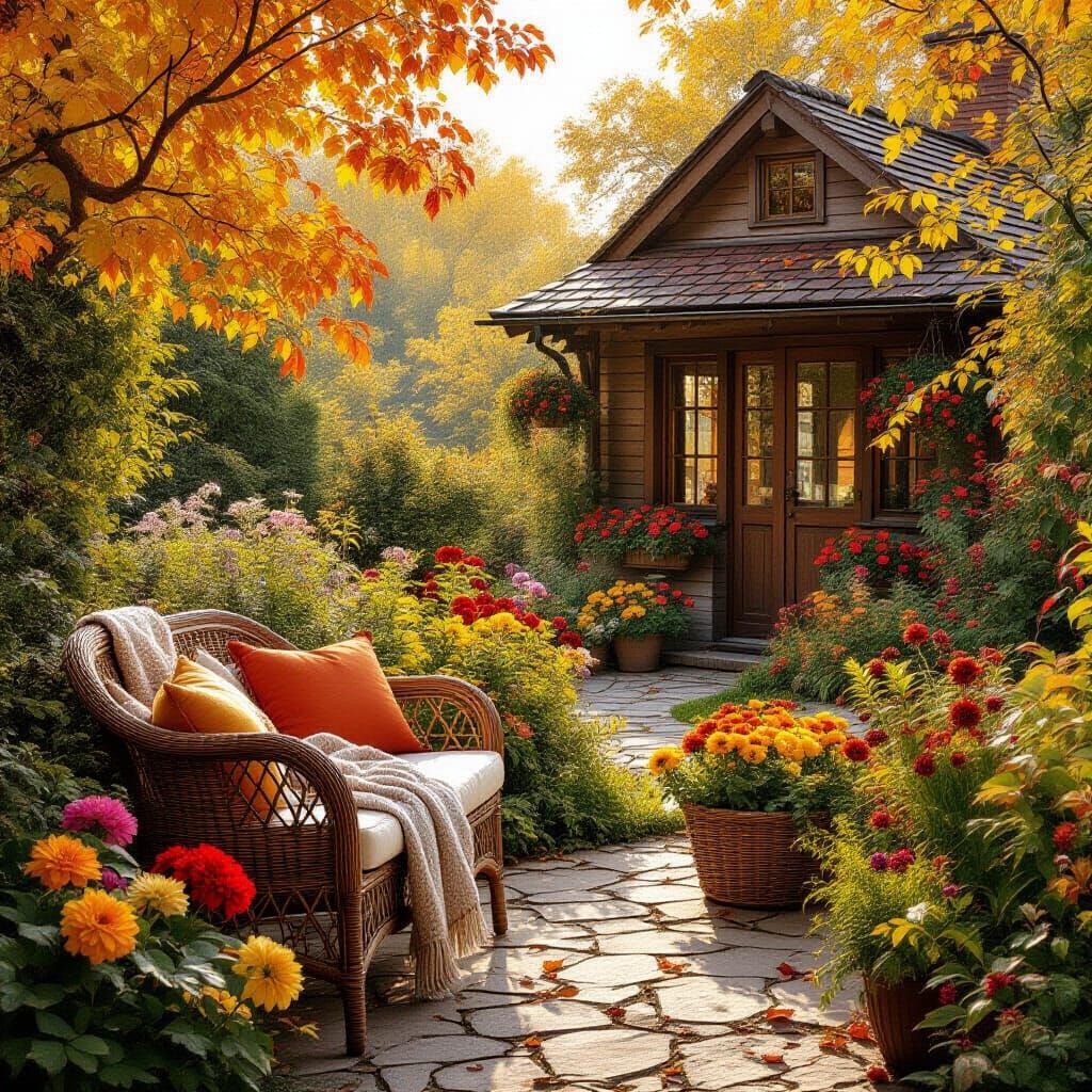 Cozy Autumn Garden with Charming Shed and Rattan Bench